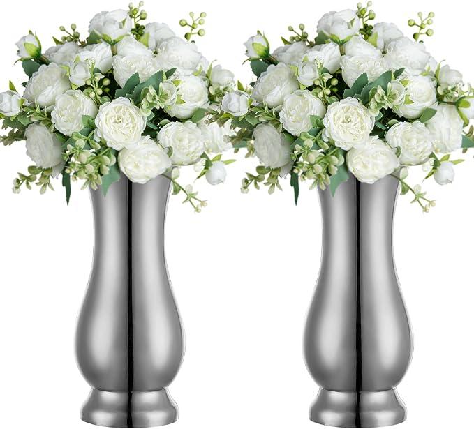 Metal Vase Centerpiece Decoration, Stainless Steel Tabletop Flower Silver Vases- Ideal for Office, Home Wedding Birthday Anniversary Ceremony Event Decor(Silver-2PCS)
