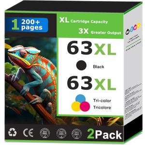 63XL Ink Cartridges Replacement for HP 63 Ink Cartridges Combo Pack Compatible with HP Printer Deskjet 3630 3634 1112 Envy 4510 4520 Officejet 4650 5258 5200 3830 5255 4655 4652 2-Pack Black Tri-Color