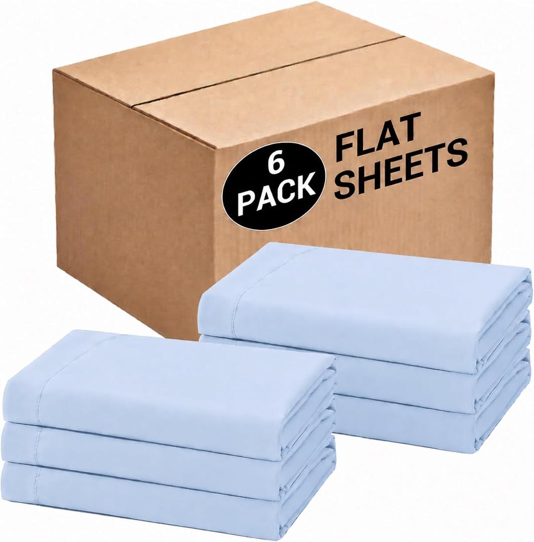 Bulk Queen Flat Sheets Only, 6 Pack Quick Sort Top Bed Sheet, Color-Coded Label Threads, Wrinkle-Free Shrinkage Durable Microfiber Hotel Motel Airb&bs Essentials for Hosts (90"x102",Light Blue)