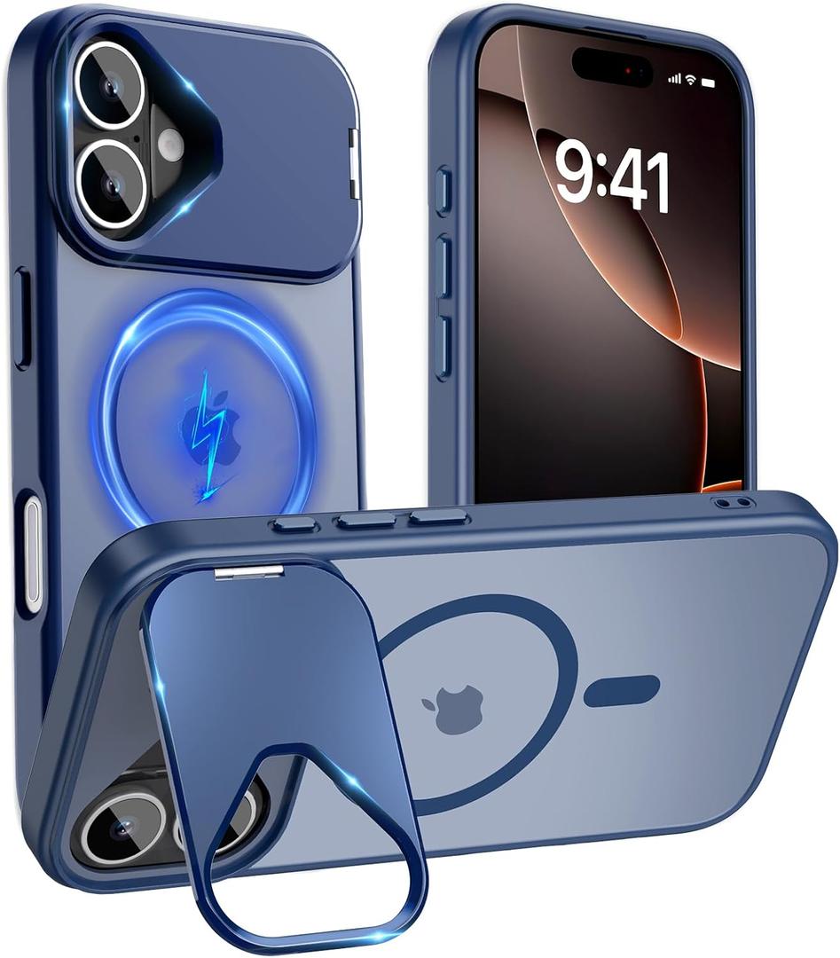 Cufelf Magnetic for iPhone 16 Case(Compatible with Magsafe)(Built-in Invisible Kickstand) Military Drop Protection,Anti-Fingerprint,Anti-Scratch,Matte Translucent Phone Cover,6.1",Blue