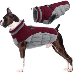 Lelepet Dog Coat Warm Dog Winter Coat Waterproof Dogs Jacket with Harness Built in Reflective Pet Fleece Vest Zip-Up Cold Weather Coats for Large Dogs Turtleneck & Windproof Coats Pitbull Red 2XL (Burgundy)