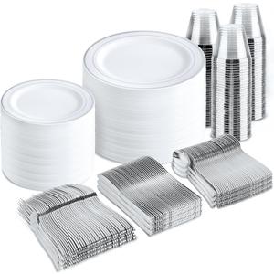 bUCLA 600pcs Silver Plastic Dinnerware Set for 100 Guests - Silver Christmas Dinnerware Set Disposable for Party - Include 100 Dinner Plates,100 Dessert Plates,100Cups,100 Knives,100 Forks,100 Spoons