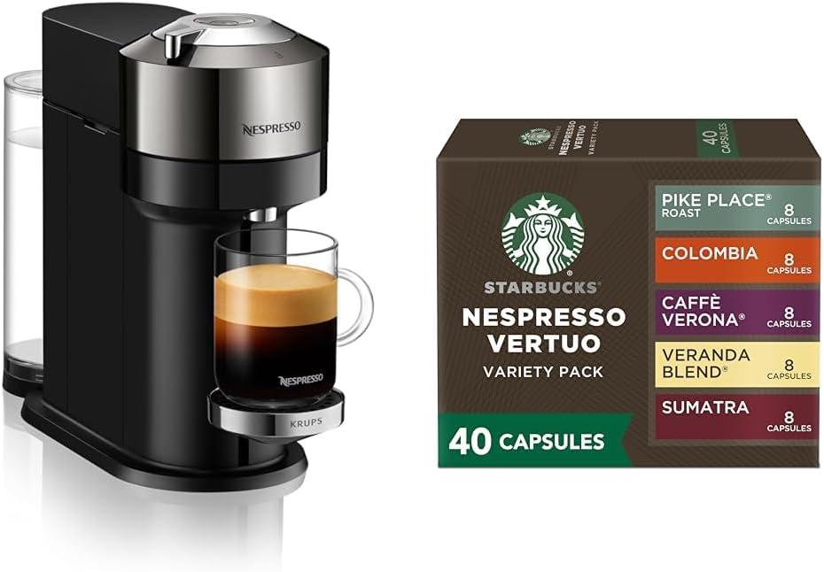 Nespresso Nepresso Vertuo Next Deluxe Coffee and Espresso Maker By De'Longhi, Dark Chrome + Starbucks Capsules, Vertuo Line