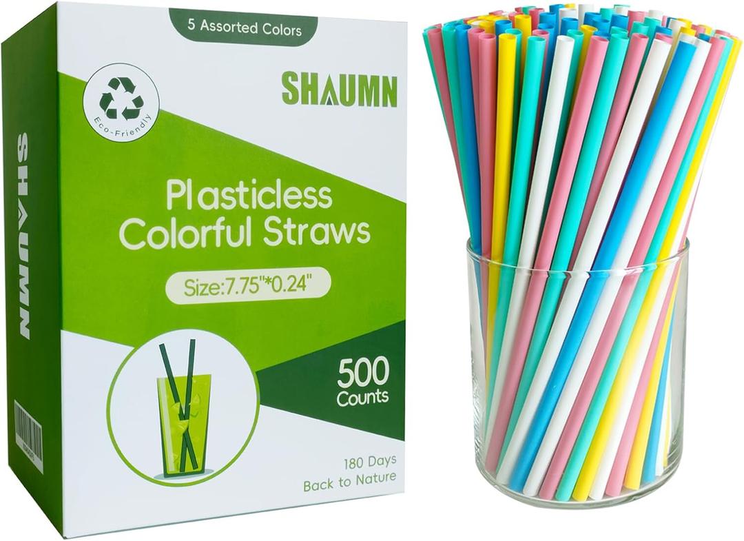 500 pcs 7.75" Plastic-Free Colorful Disposable Smoothie Straws,Plant-Based Sturdy Plasticless Stylish Party Straws for Cold/Hot Drinks Not Soggy