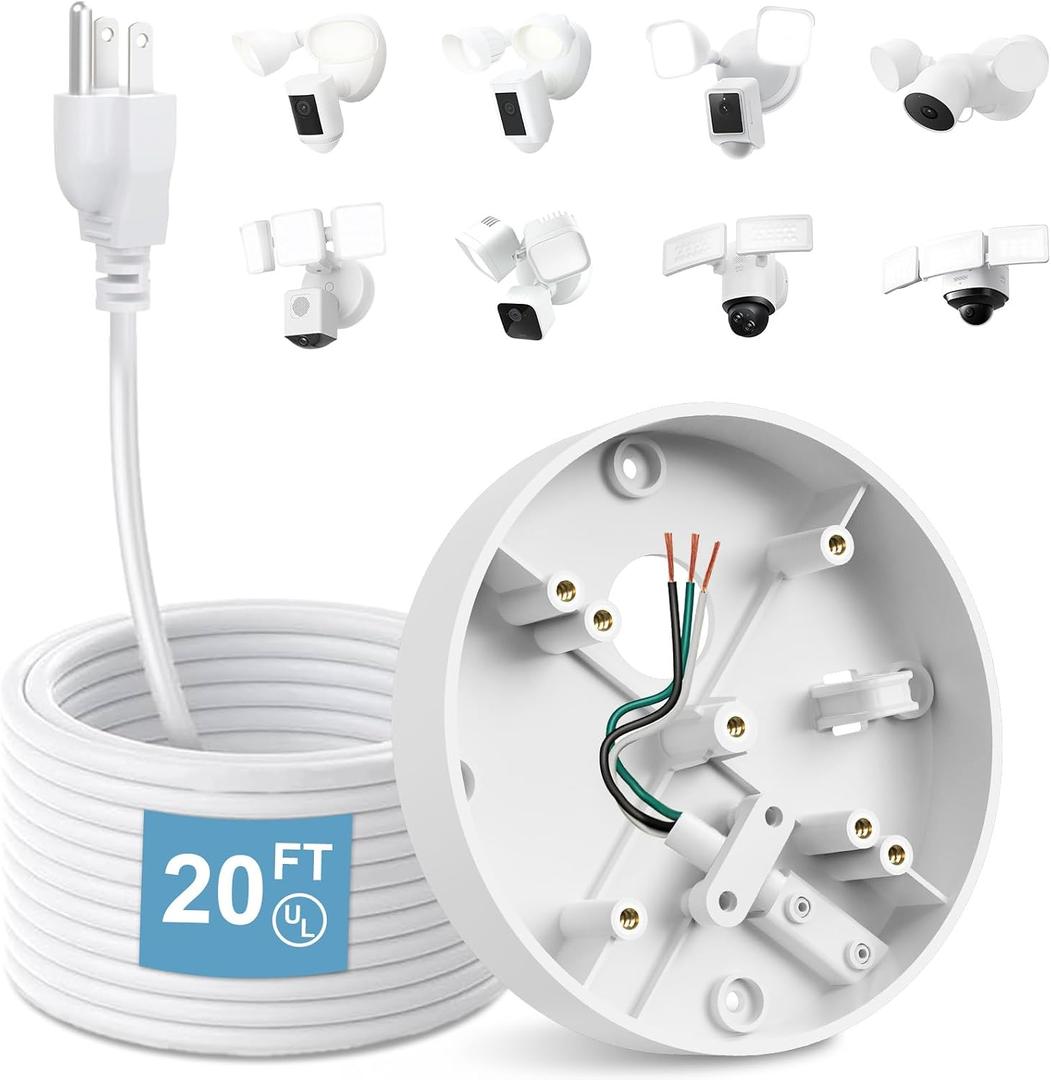 Plug-in Mount for Ring Floodlight Cam Wired Plus/Pro, Ring Smart Lighting Floodlight, Blink Wired Floodlight Cameras, Wyze Floodlight Camera V2/Pro, Electrical Box with 20ft Weatherproof Power Cable