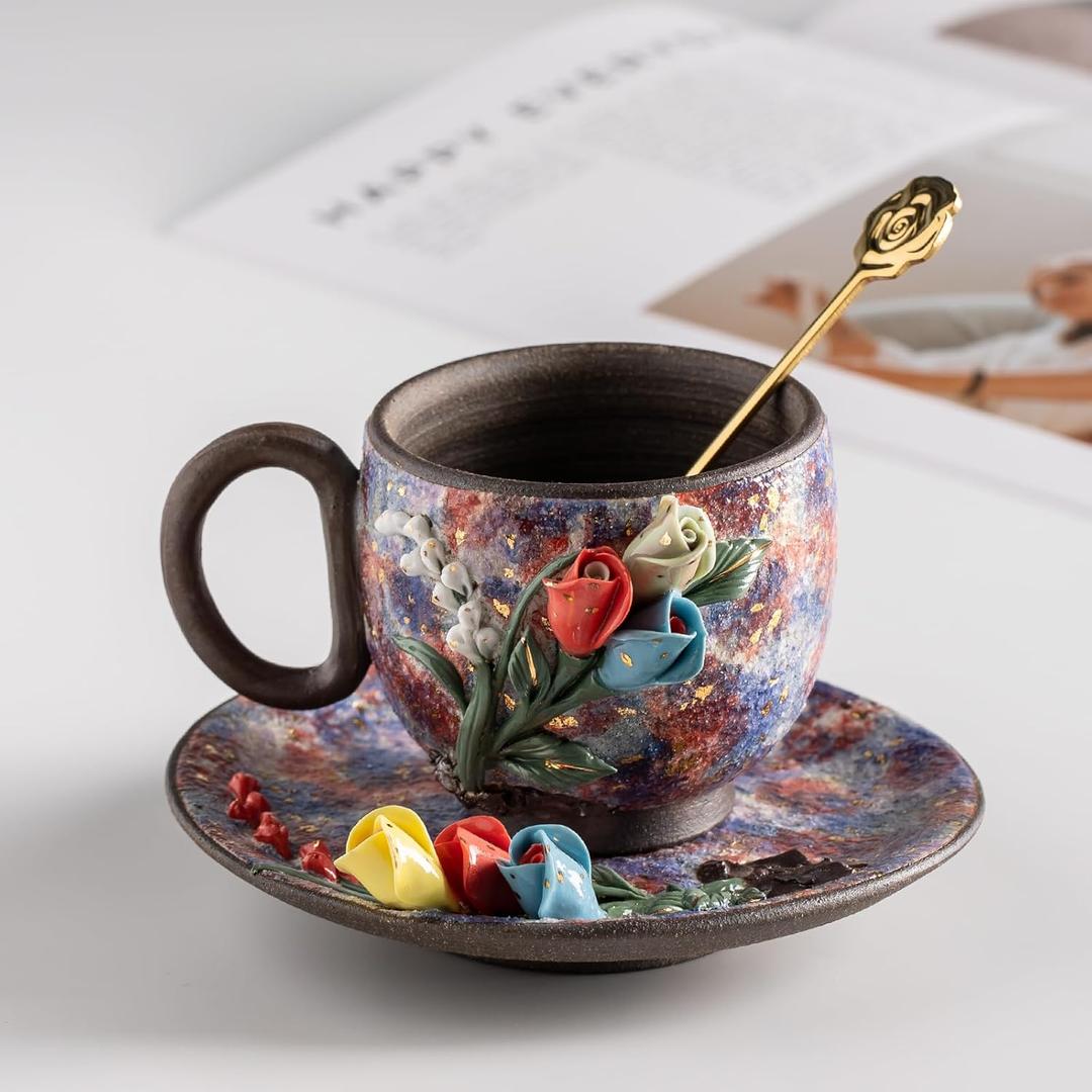 Pure Handmade Ceramic Cup and Saucer Set Artisanal Craftsmanship Collectable Tea cups and Saucers 6oz (Rose-A)