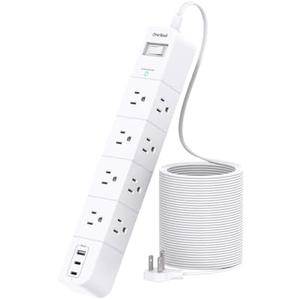 One Beat Extension Cord 15 ft, Surge Protector Power Strip with 8 Widely AC Outlets 3 USB(2 USBC), Flat Plug Power Strip, Desktop Charging Station with Overload Protection for Home, Office, Dorm, ETL Listed