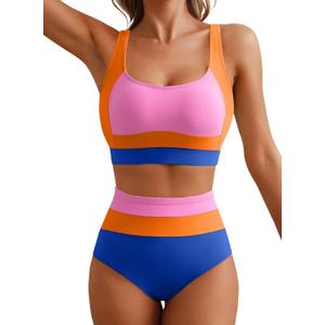 Herseas Women 2 Piece High Waisted Bikini Sets Colorblock Sporty Swimsuits Wide Straps Bathing Suit 2026 Summer Swimwear (XS)