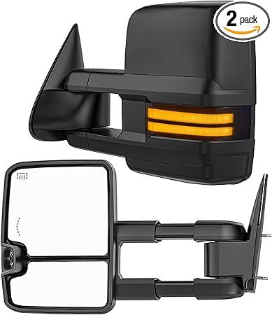 Smoked Lens Sequential Signal Tow Mirrors Compatible with 2007-2021 Toyota Tundra & 2008-2017 Toyota Sequoia, Heated Extended Trailer Towing Side Mirror w/Backup Light(w/o BSM), Black Housing