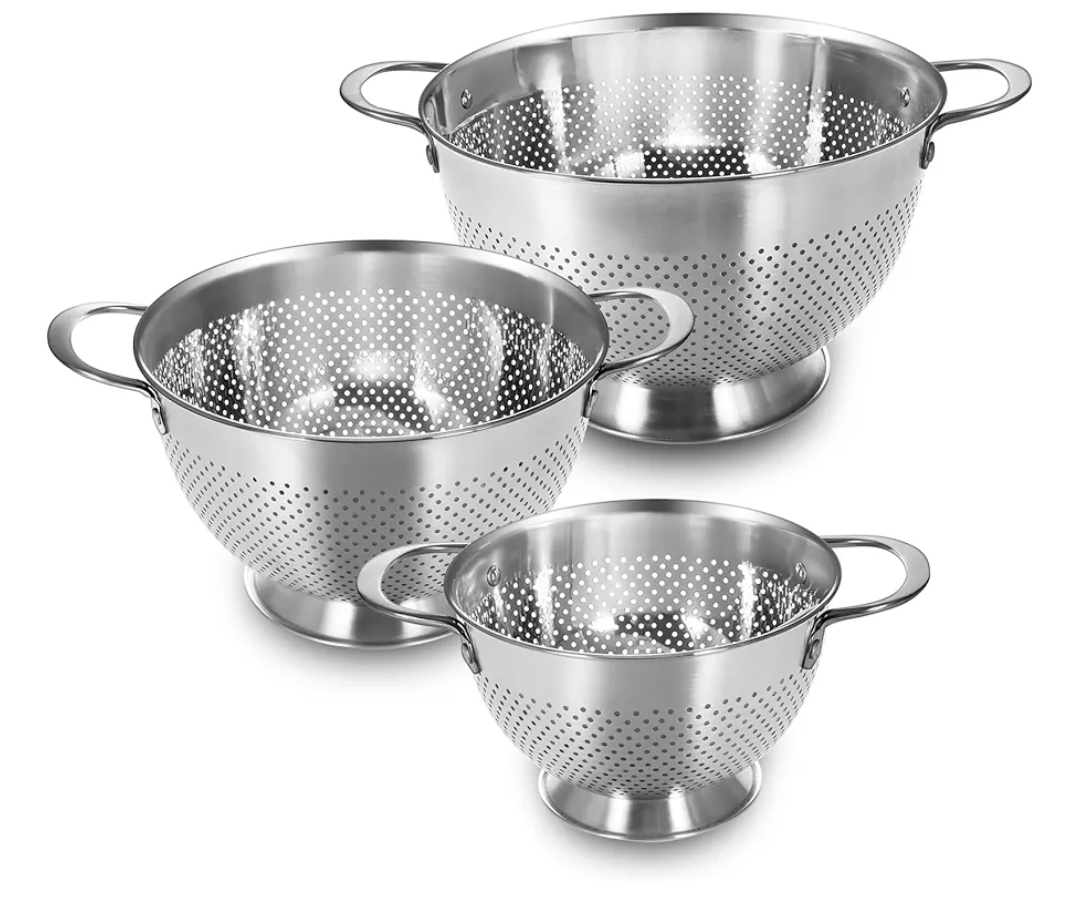 Stainless Steel Colander Set of 3 (1.535Quart) | Durable Rice and Pasta Strainer with Handle | Oversized Handles | Nesting Design | RustResistant & Dishwasher Safe