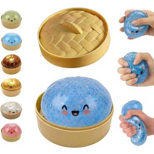 Glitter Dumpling, Mystery Glitter Dumpling Box, Colorful Dumpling Stress Balls Fidget with Steamer Box, Soft Squeeze Decompression Dough Gift (Blue)