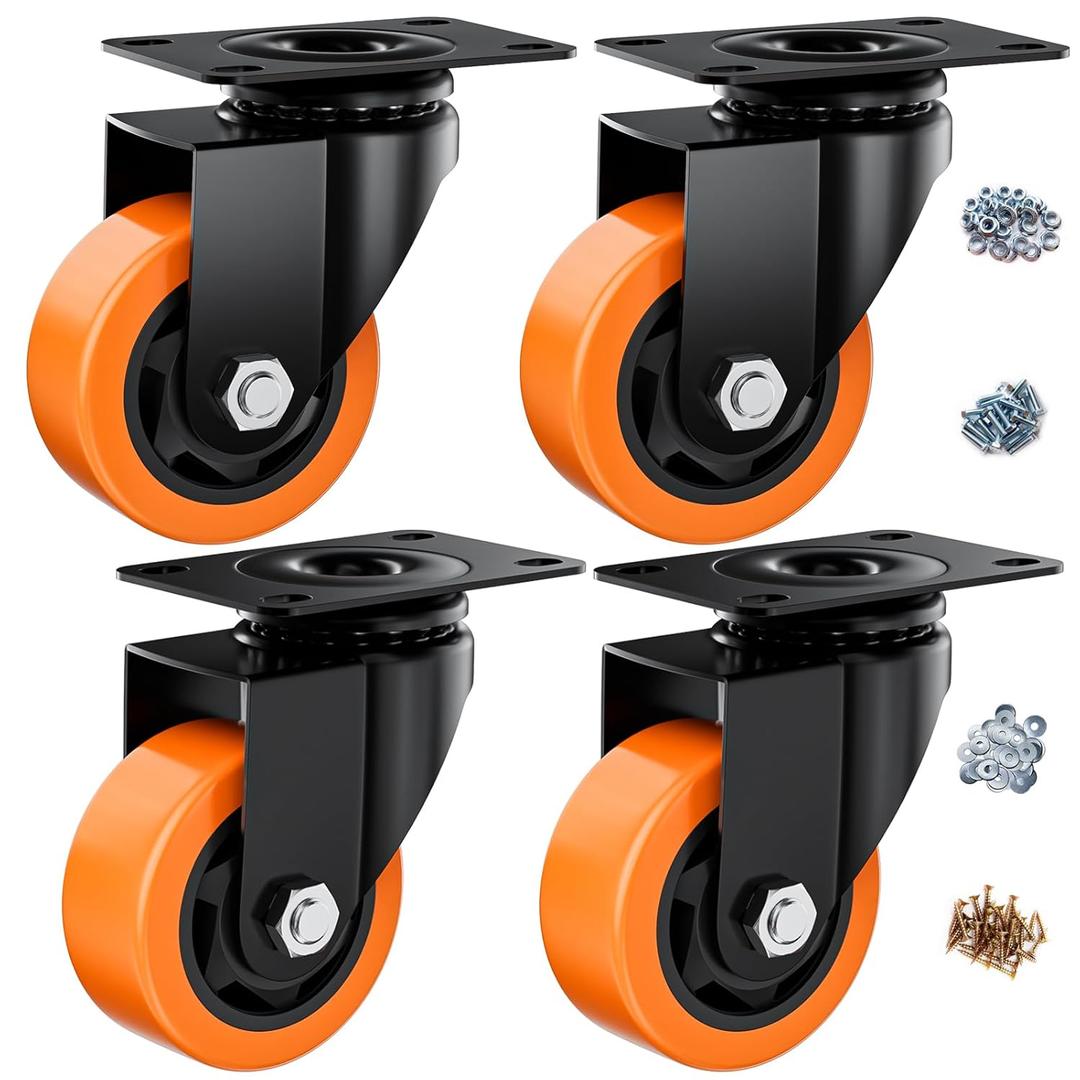 3 Inch Caster Wheels, Casters Set of 4 Heavy Duty, Orange Polyurethane (PU) Casters, Industrial Swivel Top Plate Castor Wheels for Workbench/Furniture/Cart (Pack of 4) 3 Inch Caster Wheels, Casters Set of 4 Heavy Duty, Orange Polyurethane (PU) Casters, Industrial Swivel Top Plate Castor Wheels for Workbench/Furniture/Cart (Pack of 4)