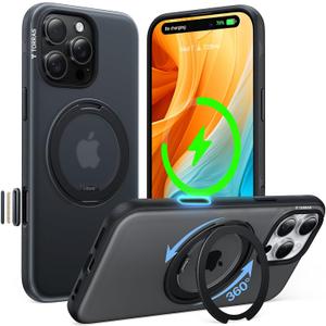 TORRAS 360 Magnetic Stand for iPhone 16 Pro Case, [Fit for MagSafe][Camera Control Button] Mil-Grade Protection Translucent Slim Anti-Scratch Rotatable Ring Kickstand, Obsidian Black, OFitness Series