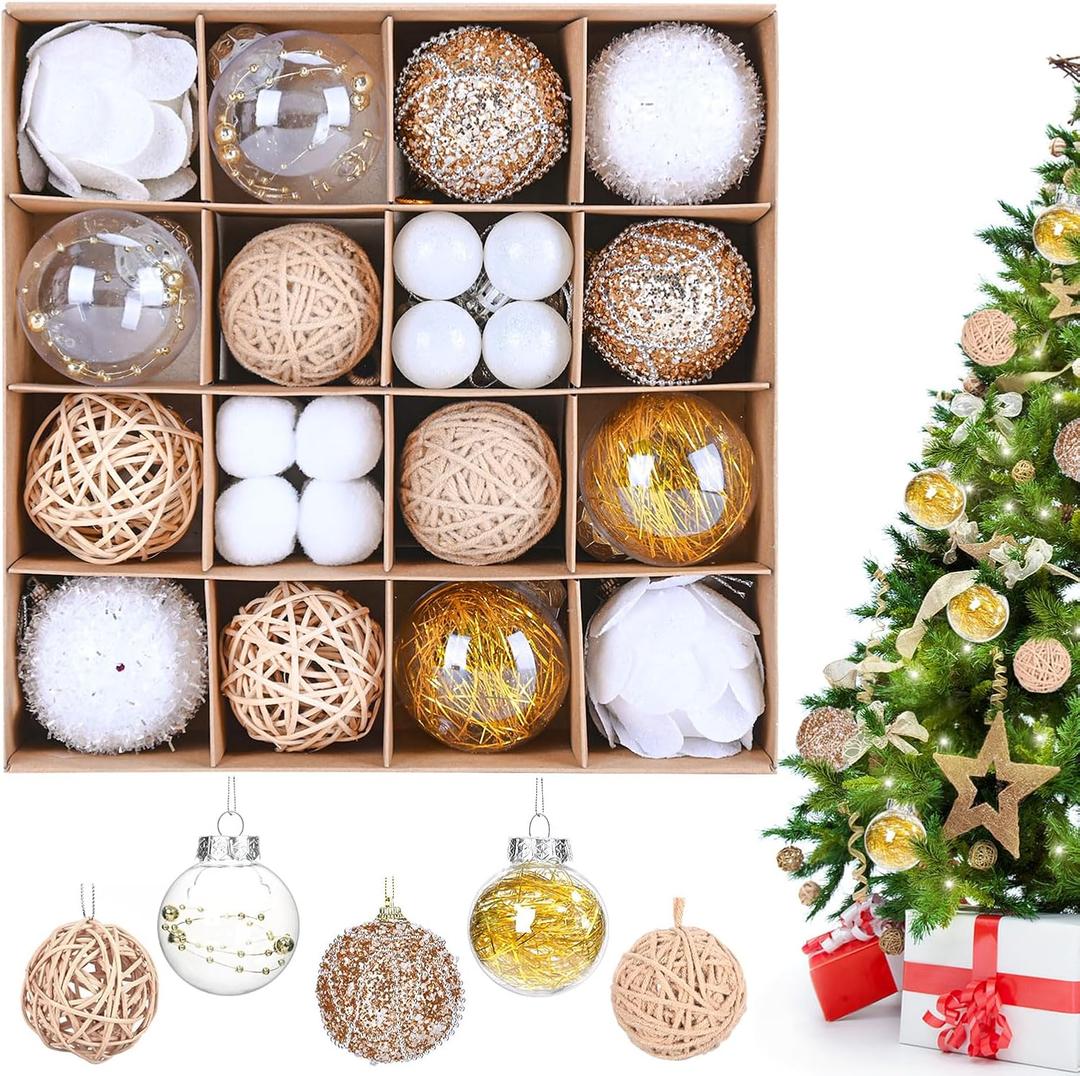 30Pcs Christmas Balls Ornaments Set, Assorted Shatterproof Christmas Ornaments, Colorful Xmas Tree Decoration with Hanging Loop for Wreath Holiday Home Decor, Champagne/Brown, Gold & White