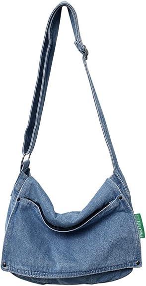 Women Fashion Denim Casual Crossbody Bag Large Capacity Tote Bag Wide Strap Shoulder Bag for Shopping Working