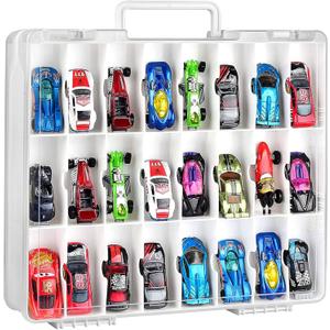 ALCYON Double Sided Toy Storage Organizer Case for Hot Wheels Car, for Matchbox Cars, for Mini Toys, for Small Dolls. Carrying Box Container Carrier with 48 Compartments - Upgrade (Box Only) (White)