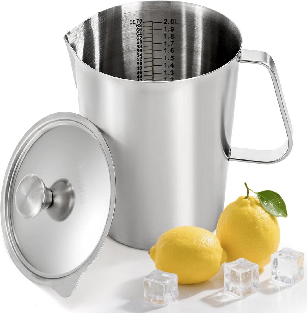 Stainless Steel Pitcher with Lid, 79oz/2.3L 304 Metal Measuring Cup with Marking&Handle, Large Mouth Graduated Beakers, Milk Frothing Jug Water Pitcher for Coffee Latte Art Machine Iced Hot Tea