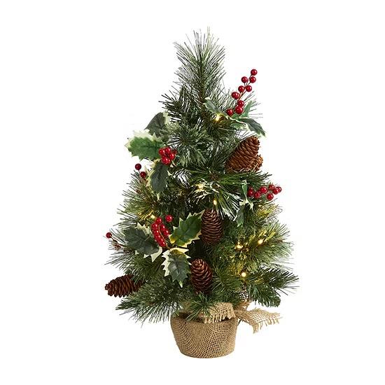 Nearly Natural 16" Mixed Pine With Burlap Base And Holly Berries And Pinecones And 35 Clear Led Lights Pre-Lit Christmas Tree