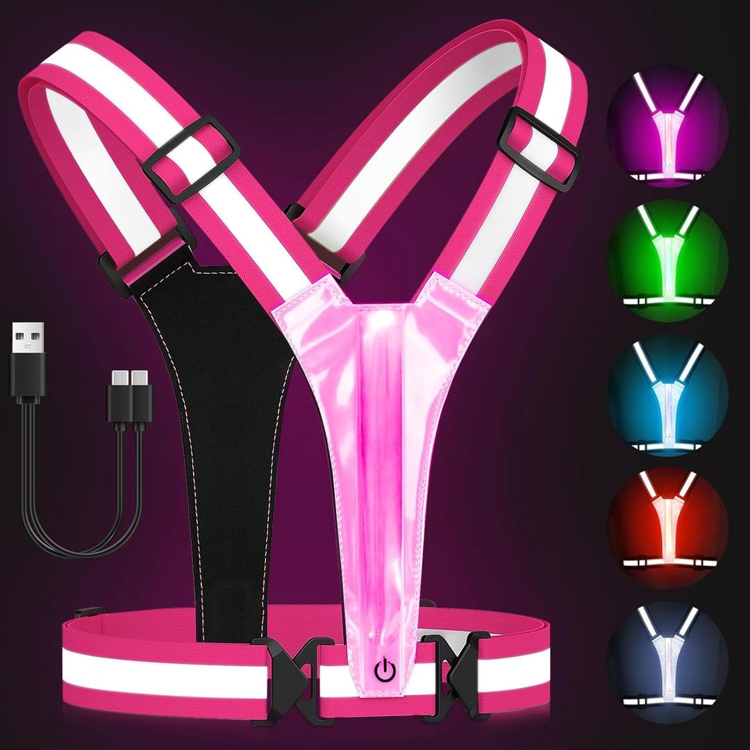 Zacro LED Reflective Vest Running Gear, 5 Lights Colors High Visibility Reflective Running Gear Rechargeable Light Up Running Vest for Walking Running Cycling, Adjustable for Men Women Kids (Pink)