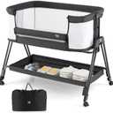 BABY JOY Bassinet Bedside Sleeper, Easy Folding Crib w/All-Side Mesh, Storage Shelf, 7 Adjustable Heights, Mattress & Travel Bag for Safe Co-Sleeping, Portable Bed for Newborn Infant -Black