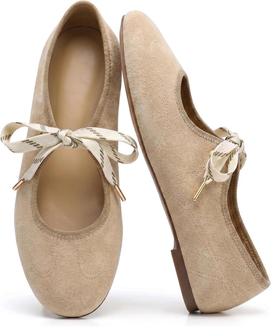 Lace up Round Toe Ballet Flats for Women Cute Slip on Soft Mary Jane Flats Casual Ballerina Shoes 8.5