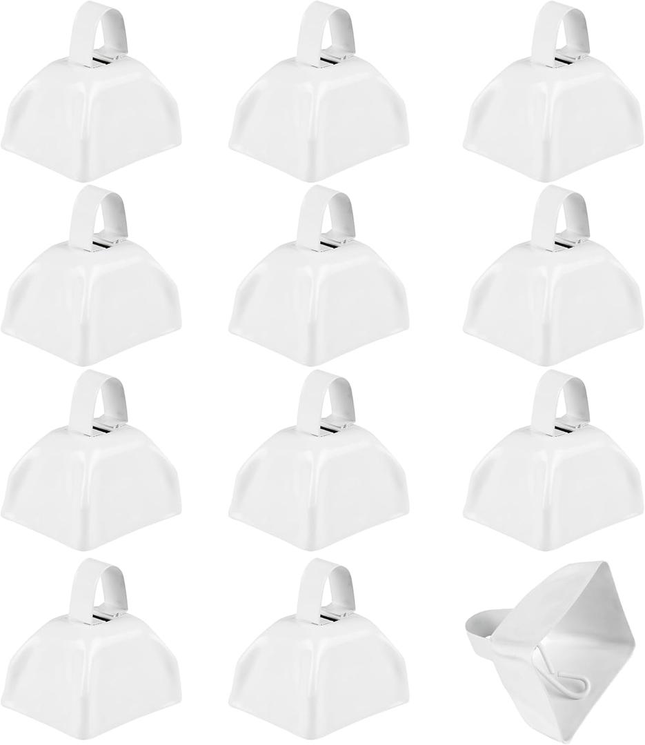 Metal Cowbells - 12 Pack, 3 Inch White Cow Bells for Sporting Events, Cheering, Spirit, Loud Cow Bell Ideal Hand Percussion Cowbells Noise Makers for Sporting Events, Football Games, and Celebrations
