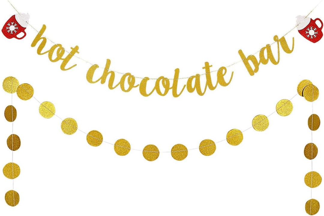 2 x Hot Chocolate Bar Banner Gold Glitter Hot Chocolate Bar Sign Christmas Decorations for Wintertime Holiday Christmas Party New Year Party Decorations