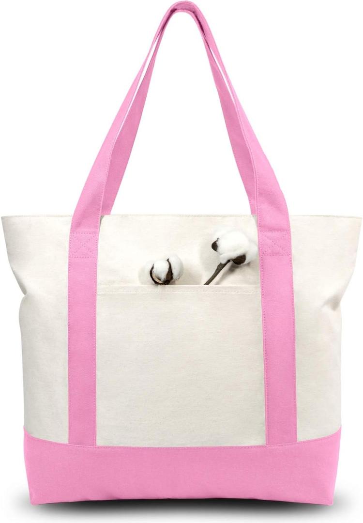 TOPDesign 1-Pack Canvas Tote Bag with an External Pocket, Reusable Grocery Shopping Bag, Top Zipper Closure, Daily Essentials (Pink/Natural)