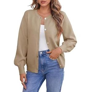 Saodimallsu Womens Button Down Cardigan Sweaters Crew Neck Long Sleeve Open Front Loose Fall Soft Knit Sweater Coats Khaki, XL