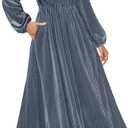 CzzzyL Women's Latched Mama Nursing Long Sleeve V Neck Velvet Maxi Dress Bridesmaid Wedding Guest Formal Dresses with Pockets(Greyblue, Small)