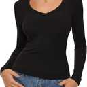 REORIA Womens Long Sleeve Shirts 2025 Fall Trendy Deep V Neck Slim Fit Basic Tops Casual Going Out Top Tee Blouse (Black, S)