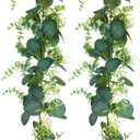 2 Pack Artificial Eucalyptus Garland - 5.9ft Faux Silk Greenery with Silver Dollar Leaves & Blossoms, All-Season Indoor/Outdoor Vine Greenery Garland for Weddings, Walls, Tables, DIY Spring Decor (2)