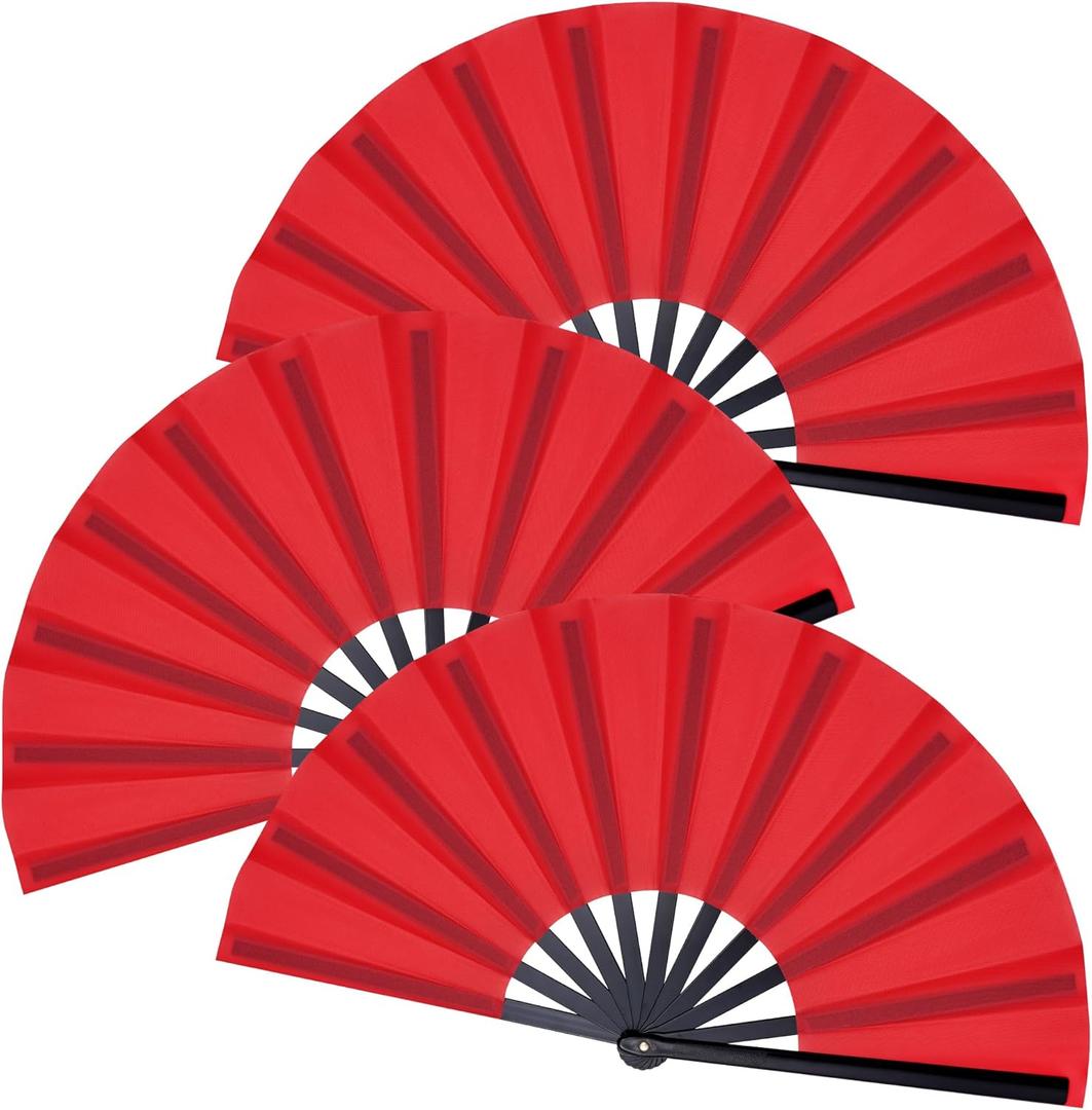 Marrywindix 3 Pcs Large Chinese Folding Fan Big Handheld Clap Fans for Men and Women Performance Line Dance Decorations Event Party Festival Craft Gift (Red)