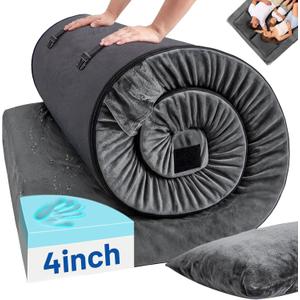 Memory Foam Camping Mattress Pad with Pillow - Extra Thick 4 Inch Sleeping Pad for Camping, Waterproof Roll Up Cot Mattress Topper Bed Mat for Car Truck Tent RV, with Storage Bag, Dark Gray, Queen: 80*60*4"