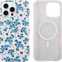 J.west Magnetic for iPhone 16 Pro Case 6.3" Soft Slim Floral Women Phone Case Compatible with MagSafe Aesthetic Protective Cute Flowers Design Cover for Girls Teal Blue