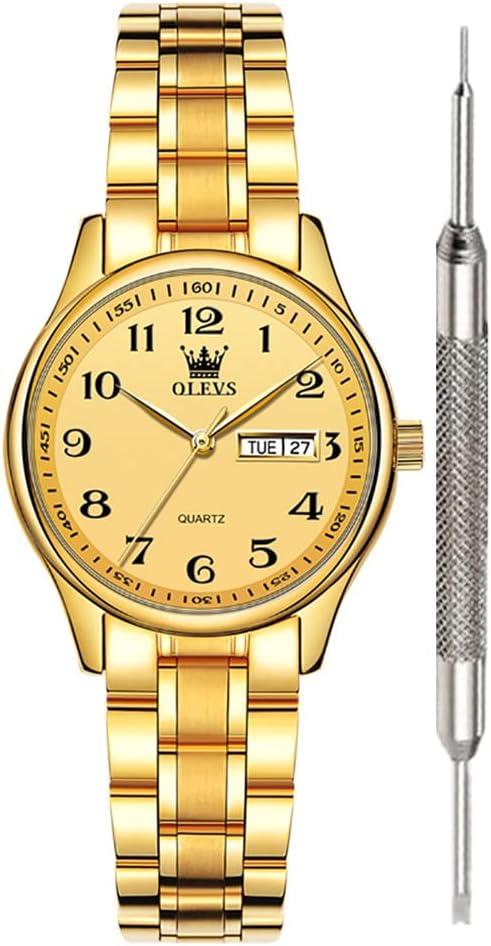 OLEVS Classic Watches for Women Analog Quartz Watch Stainless Steel Rugged Waterproof Watches Unique Calendar Date Business Wrist Watch (Gold, Gold-digital)