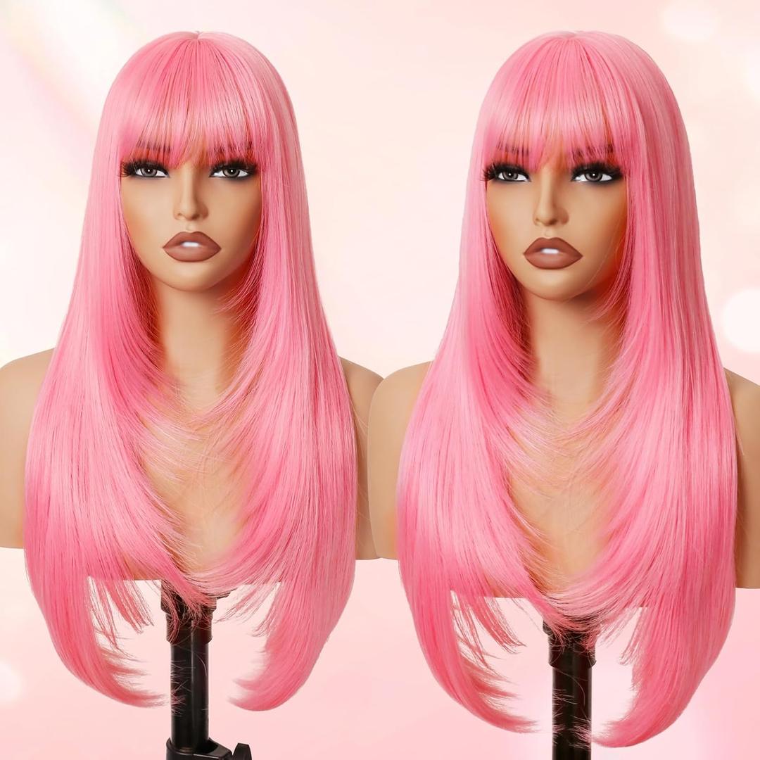 Pink Long Straight Layered Wig with Bangs for Women 26 inch Put on Go Realistic Synthetic Fiber Heat Resistant Natural Wig for Girls Party Cosplay and Daily Use
