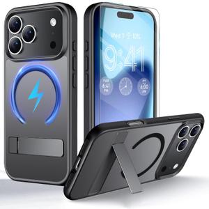 Magnetic for iPhone 17 Pro Max Case with Kickstand [with Screen Protector] Wireless Charging, Hidden Kickstand, Anti-Fingerprint Shockproof Protective Cover, Phone Case with Stand, 6.9'' inch 2025 (Black)