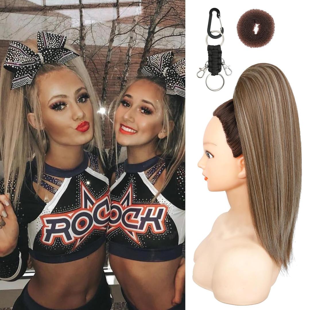 SEIKEA Cheer Ponytail Hair Piece, 16" Straight Cheerleader Hairpiece Ponytail Extension for Cheerleader Competition, Dance, White Blonde with Ash Brown Highlights