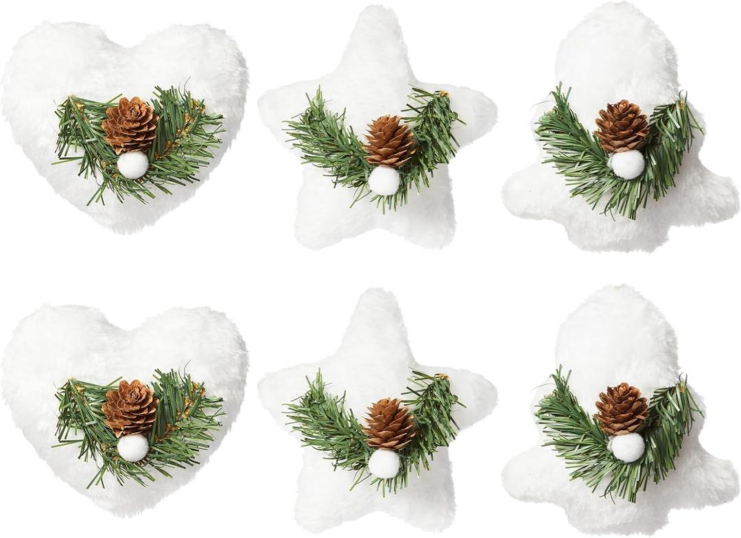 WDS WONDROUS Fabric Christmas Ornaments with Pinecones, Plush Ornaments for Christmas Tree, Rustic Heart Star Tree Shape Xmas Balls Decor Set for Farmhouse Holiday Decorations (6Pcs, White)