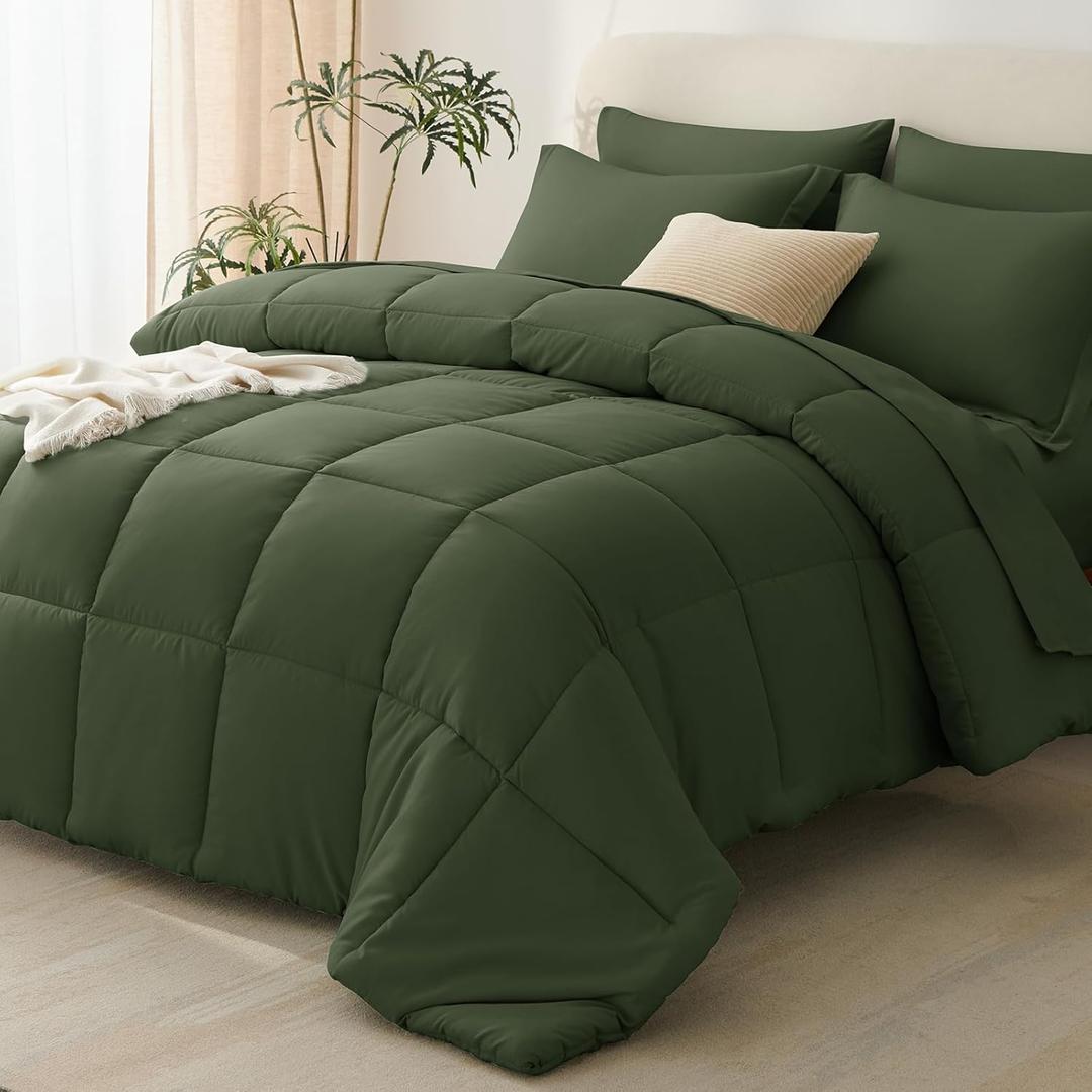 CozyLux King Size Comforter Set Olive Green - 7 Pieces Bed in a Bag King, Okeo-Tex Certifited Bedding Set, All Season Soft Bed Set with Down Alternative Comforter, Sheets, Pillowcases & Pillow Shams