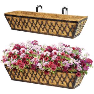 Window Boxes Planters: 2 Pack 24 Inch Railing Planter Box with Adjustable Brackets for Porch Fence Patio Balcony Hanging Flower Baskets with Coco Liners for Outdoor Garden Decor - Bronze