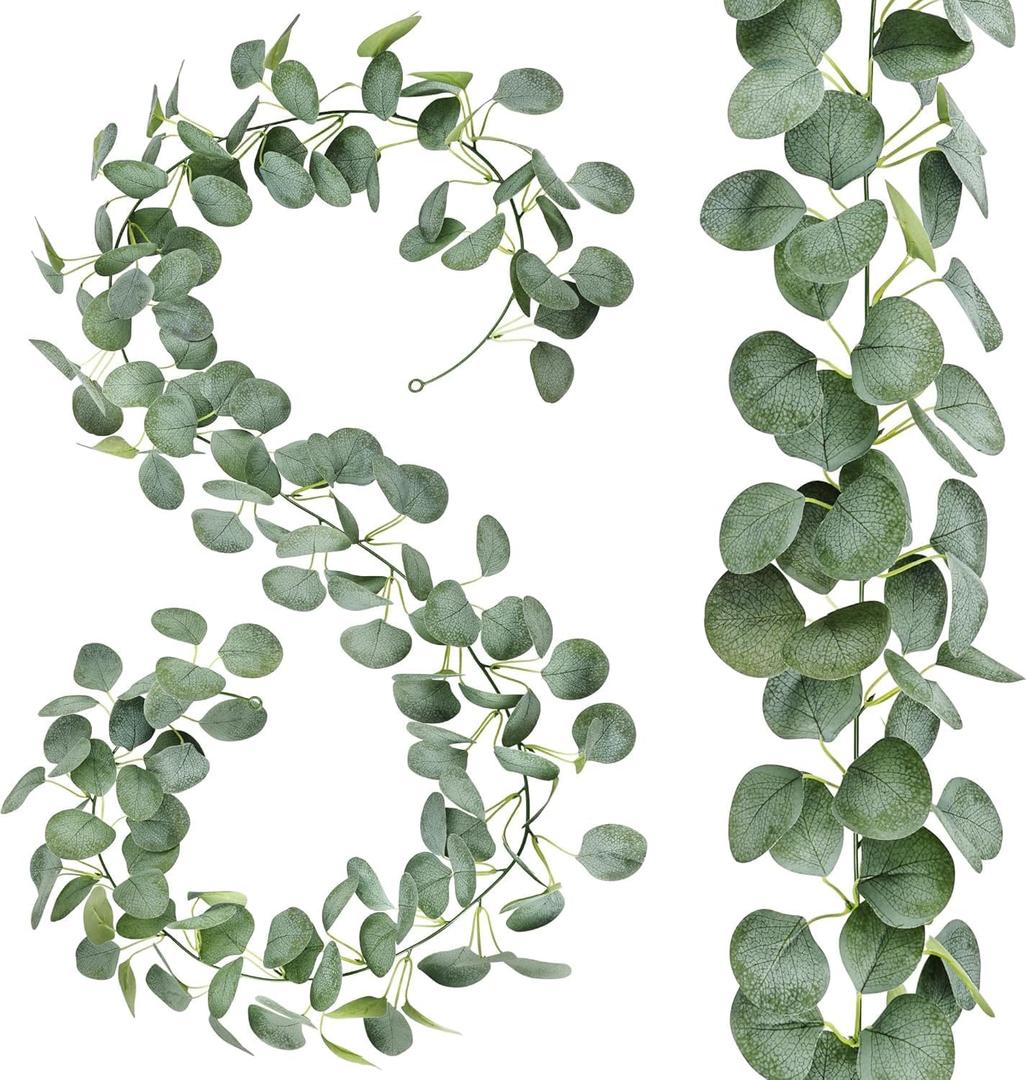 2 Pack Artificial Eucalyptus Garland: 12ft Silver Dollar Eucalyptus Leaves Vines with 156 Leaves - Handmade Faux Silk Leaf Greenery Garland for Table Wedding Party Mantel Wall Indoor Outdoor Decor