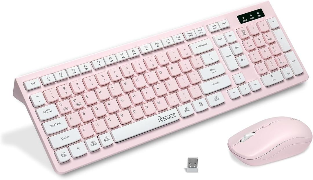 Wireless Keyboard and Mouse Combo, Reccazr 2.4G Full-Sized Keyboard and Mouse Cordless, 3 DPI Adjustable Mouse, Dual-System Keyboard for Computer/Laptop/Windows/Mac (Pink & White)