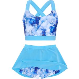Cutemile 5-16 Years Girls Two Piece Tankini Swimsuit with Boyshort Bathing Suit Quick Dry Beach Swimwear (Blue)