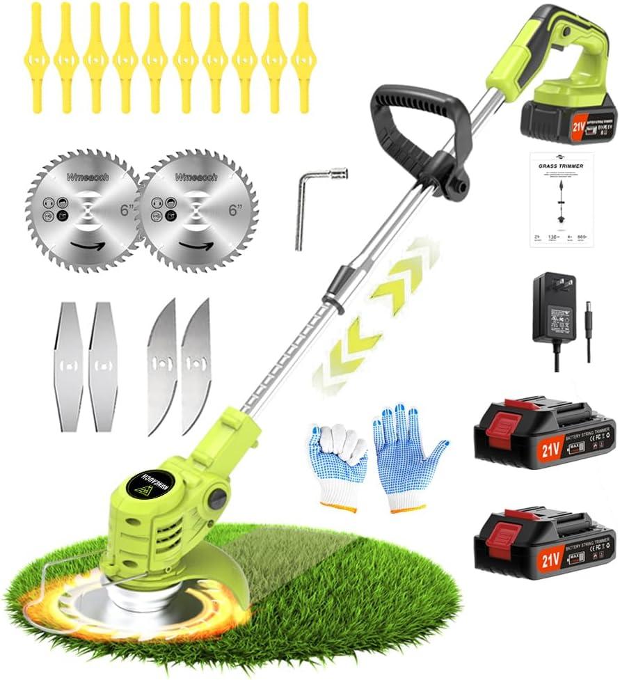 Electric String Trimmer 21V 650W 6000 RPM Cordless Grass Trimmer with 2 Batteries 2.0Ah, Green, Modern Style (Type A lawn mower)