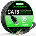 Cat 6 Ethernet Cable 35 ft, Indoor&Outdoor, High Speed 10Gbps Flat Internet Network Cable, Cat6 Ethernet Patch Cable Long, Computer LAN Cable with Free Clips & Straps for Router, Modem, PS4/5, Black
