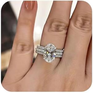 SUKKCCNO 3-Piece 925 Sterling Silver Luxury Oval Simulated Diamond Bridal Set, Stackable Engagement and Wedding Ring Set for Women, Cubic Zirconia Wedding Jewelry Size 8