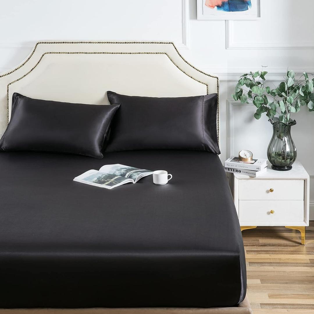 Satin Fitted Sheet, Full Fitted Sheet Only, 1 - Piece Ultra Soft Deep Pocket Single Silk Bottom Bed Sheet Full - Black