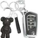 Cute Key Fob Cover with Rhinestone Bear Charm, Bling TPU Smart Key Case for Women, Compatible with Toyota 4Runner,Avalon,Camry Corolla Fortuner Highlander RAV4 LE (4-Button, Silver Black)
